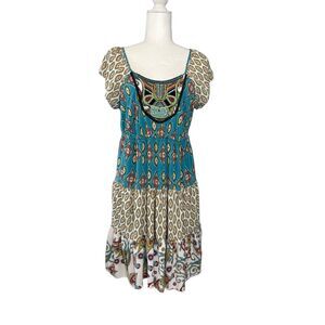 Unity boho tiered mini dress with embroidered neckline - M
